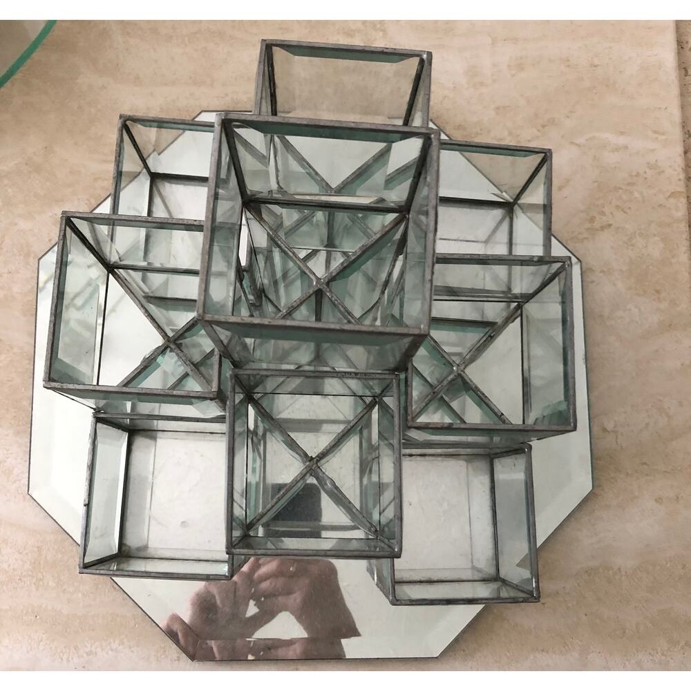 Vintage 3 Tier Leaded and Beveled Glass Mirror 9 Piece Cube Votive Candle Holder - Picture 2 of 14